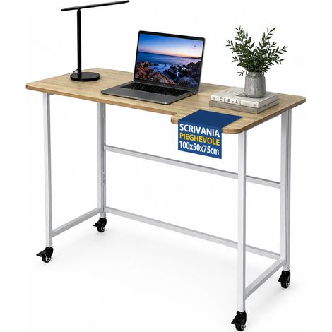 Tavolo Scrivania Pieghevole Multiuso Struttura in Metallo 100x63x76 cm con Ruote (1/5)
