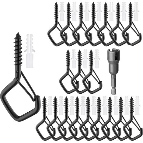 Set mit 20 rautenförmigen Schraubhaken – Schwarze Metallhaken zum Aufhängen von Pflanzen, Lichterketten, Vogelfutterhäuschen und Weihnachtsdekorationen  mit Schlaufe