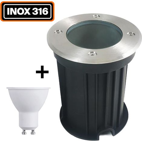 Foco empotrable de suelo redondo acero inoxidable 316 Exterior IP65 + Bombilla GU10 5 W Blanco neutro 4500 K