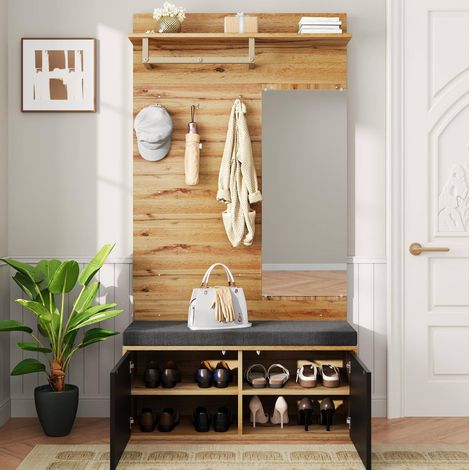 Flurmöbel mit Spiegel, Sitzbank und Schuhschrank 100 x 38 x 190 cm, schwarz und Holz HAVRYA (1/5)
