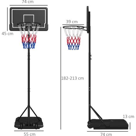 Panneau de basket sur pied avec roulettes, hauteur réglable 220-250 cm, dos résistant aux chocs pour jardin et terrain de sport. (1/5)