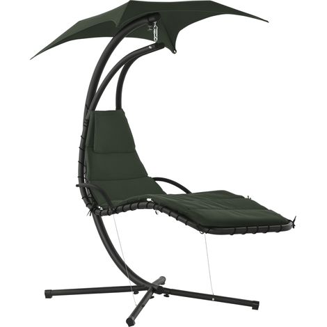 Lettino/sedia sospesa per esterni con parasole e materassino, design contemporaneo, 190L x 110W x 190H cm, acciaio, poliestere, grigio scuro/nero
