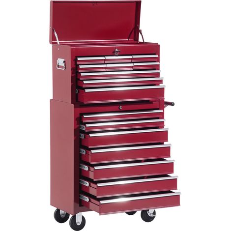 Chariot d'atelier avec coffre à outils, chariot à outils verrouillable vide avec tiroirs, compartiment à outils, clé et tapis antidérapants, rouge (1/5)
