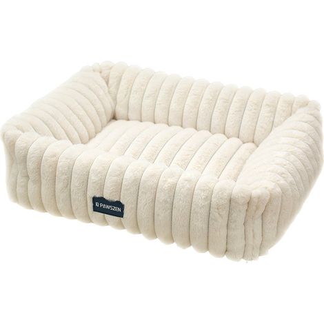 Panier Chien Chat M 64x53x17 cm Fausse Fourrure Lapin Côtelée Ivoire – Canapé / Lit Rectangulaire Bords Surélevés Oreiller Cou Housse Amovible Lavable Zip – Coussin Moelleux Chat Petit Moyen Chien 4 S (1/3)