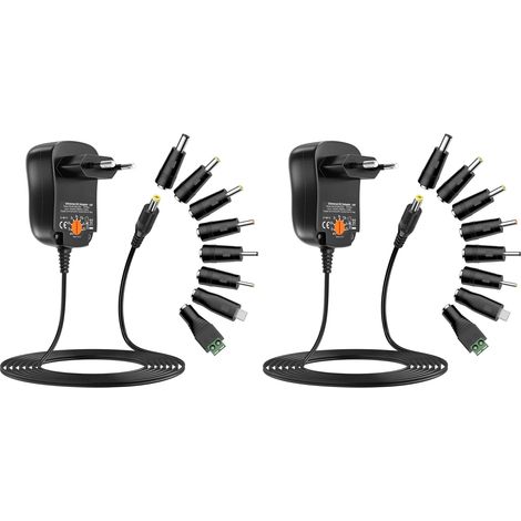 12W Adaptateur Secteur Universel AC DC 3V 4.5V 5V 6V 7.5V 9V 12V Transformateur d'alimentation à Découpage avec 8 Connecteurs DC pour électroniques Ménagers, 1000mA Max. (Lot de 2) (1/5)