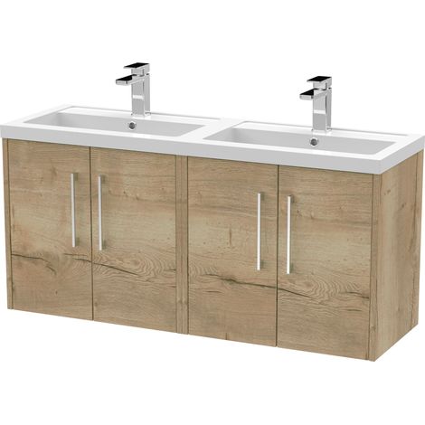 Winshill Contemporary 4 Door Wall Hung Vanity Unit with Thin Edge Basin, Light Oak, 1200mm