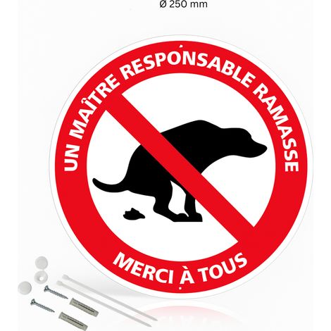 Un maître responsable ramasse merci à tous panneau de signalisation rond en aluminium prépercé avec kit de fixation complet - Diamètre 250 mm