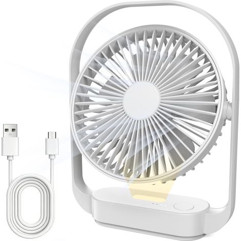 Ventilateur de Table Sans Fil 3600mah, 4 Vitesses, 2 Modes Veilleuse, Rechargeable Usb-c, Jusqu’à 20 H D’autonomie, Silencieux, pour Chambre, Chevet, Bureau, Voyage (Blanc)