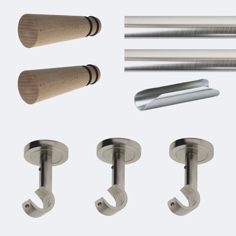 Kit de tringle à rideaux Nickel Mat 300cm Diam.20mm Embout Cône Bois - Fixation Plafond - Boulet (1/3)