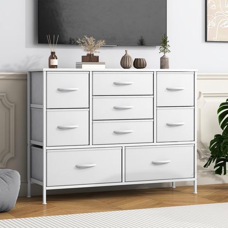 Kommode, Schrank, 9 Stoffkommode mit Metallrahmen und MDF-Holzplatte, verstellbare Füße, Kippsicherung, Aufbewahrungsschrank für Schlafzimmer, Wohnzimmer, Kleiderschrank, Weiß (1/5)