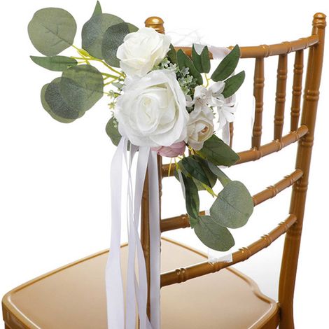 (6 Stück pro Packung) (Weiß) Blumendekorationen für Stuhllehnen im Wald-Stil für Bankette, Hochzeiten und Feiern. (1/5)