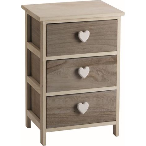 Cassettiera Shabby chic in legno naturale con 3 cassetti e pomoli a cuore 40 x 58 centimetri