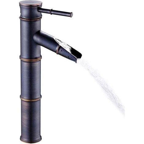 Antique Bronze Bamboo Design Waterfall - New Commercial Modern Faucet Black Bronze Stainless Steel 3 Connections Bathroom Sink Faucet No Pop-Up Drain, Black (1/4)