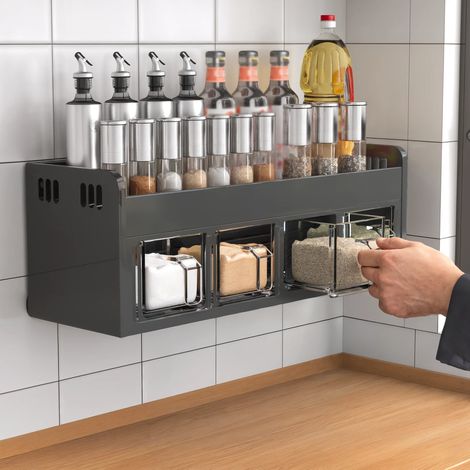 Gewürzregal-Organizer, Mehrfachfach-Design, bohrfreie Installation, Grau 4 Gläser