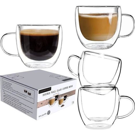 Lot de 4 tasses verre double paroi 150 ml – Borosilicate – Pour thé, café, cappuccino (1/4)