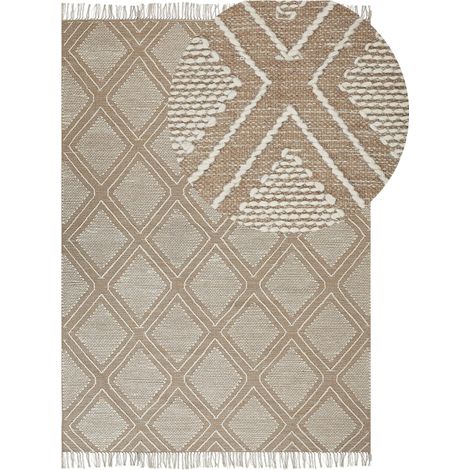 Tappeto cotone bianco e beige 160 x 230 cm motivo geometrico orientale e nappe Kacem