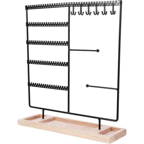 Organisateur de bijoux de bureau suspendu, présentoir à bijoux en fer forgé avec plateau en bois, support à boucles d'oreilles.-35.00X30.00X9.50CM-Black (1/4)