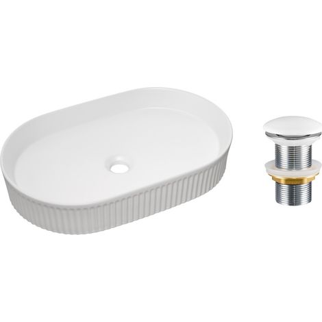 Lavabo ovale da appoggio 56x36 cm bianco lucido in ceramica con piletta click-clack