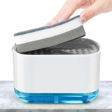 Distributeur Liquide Vaisselle, Distributeur Savon Cuisine 2 en 1 Distributeur de Savon, 300ml Distributeur Liquide Vaisselle Porte Eponge et éponge pour Évier de Cuisine Bains (1/4)