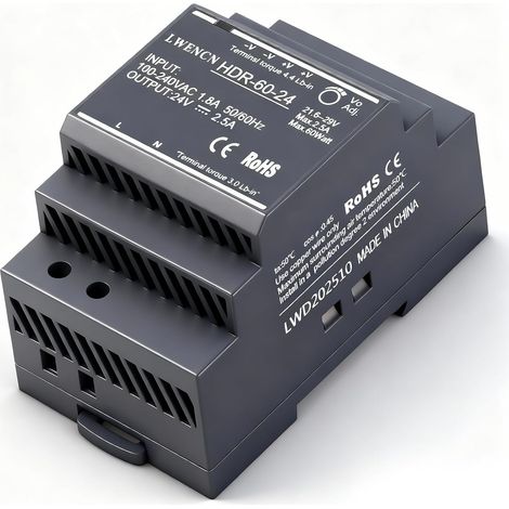 Alimentation Sur Rail DIN 24V DC 2.5A 60W, Entrée 100-240V AC 50/60 Hz Transformateur Sur Rail DIN pour l'Automatisation Domestique ou Industrielle (1/5)