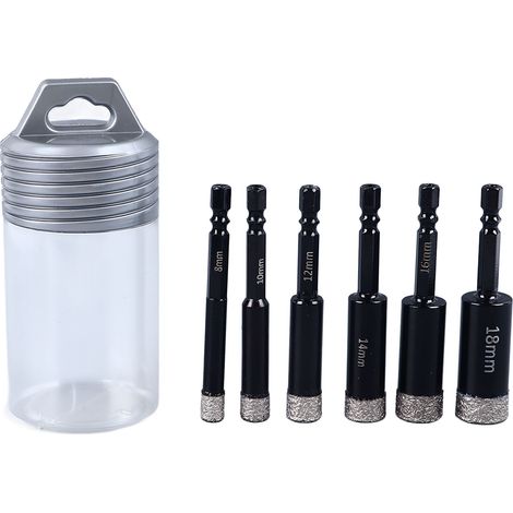 Kit de forets diamantés secs, 6 pièces, 8 10 12 14 16 18mm, tige hexagonale pour carrelage, marbre, béton, granit (1/5)