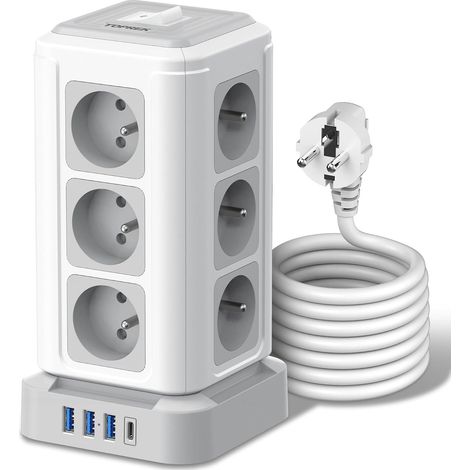 Tour Multiprise avec 12 Prises AC Française et 4 USB, 2 Mètres Câble USB C(20W PD3.0) et 3 USB A, Rallonge Electrique et Interrupteur, 3680W/16A, Multiprise Parafoudre pour Bureau et Maison,Gris (1/5)