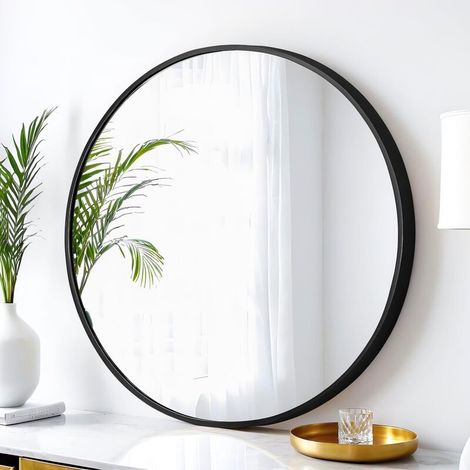Miroir mural rond de haute qualité avec cadre en aluminium noir pour salle de bain 50x50cm (1/5)