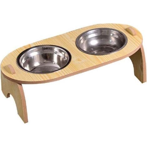 Gamelle double surélevée pour chiens et chats avec base en bois pour animaux de compagnie -