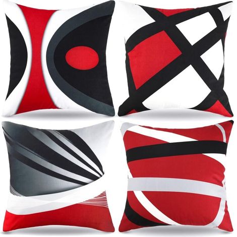Fundas de cojín de diseño geométrico moderno de 45x45 cm, juego de 4, de terciopelo a rayas rojas, negras y grises, ideales para la decoración del salón o el hogar. (1/4)