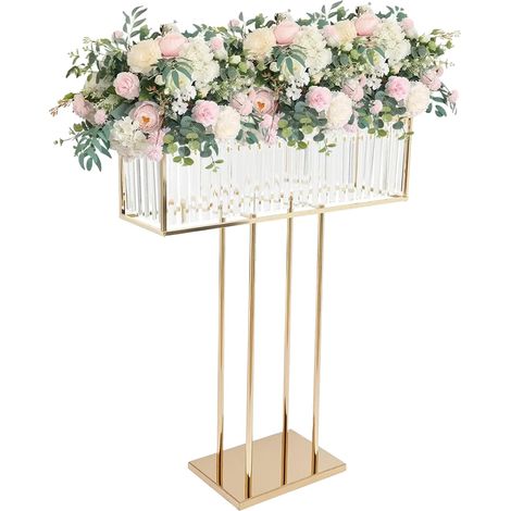 Jarrón de flores, diseño alto, elegante centro de mesa, dorado. (1/2)