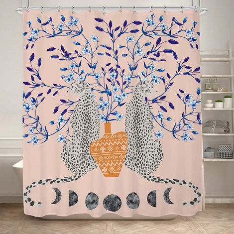 Filiyano-Rideau de douche bohème à motif guépard et léopard tropical, rideau de bain moderne rose à motif floral bleu et phases de lune, 150 x 180 cm