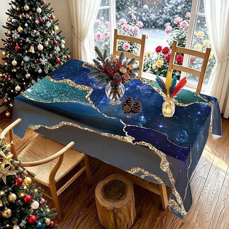 Nappe imprimée 2D bleu marine à bordure léopard, motif marbre fluide et moderne, idéale pour un dîner de Noël, une fête à la maison, une terrasse ou une cuisine en extérieur. (1/4)