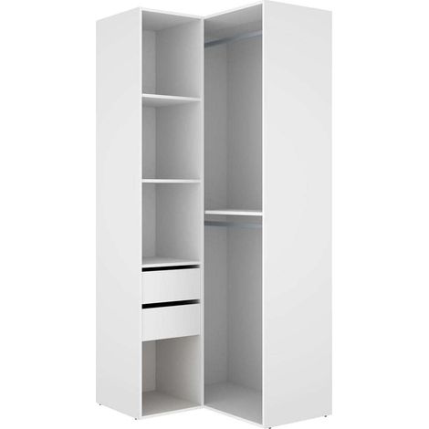 Vestidor de rincón Reus 2 cajones, estantes y trasera reversible en blanco/natural, 204.5cm(alto) 84.5cm(ancho) 104.5cm(fondo)