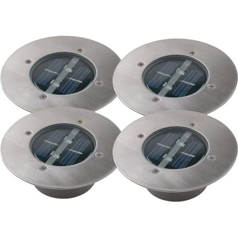 Ensemble de 4 spots solaires encastrés ronds modernes à LED avec extérieur en acier inoxydable et verre (blanc chaud)-AquaForge
