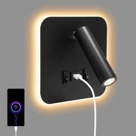 Lampada da comodino, 1 pezzo, applique da parete LED 3W + 10W 3000K, con porta di ricarica USB, adatta per l'uso in camera da letto. (1/5)