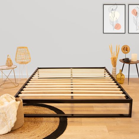 Sommier à lattes en métal 140x190 cm – Coloris noir – Hauteur 25 cm – 13 lattes en bois multiplis – Montage facile en kit – Olympe Literie (1/4)