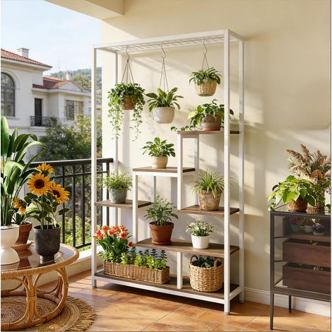 MEUBLIV Étagère à plantes 7 niveaux blanche et bois – avec crochets S, gain de place (1/5)