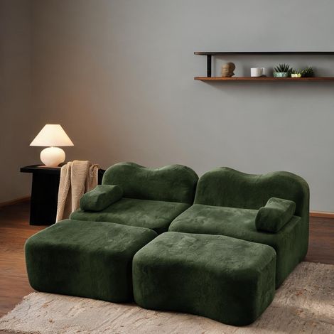 Canapé modulable 2 places velours vert avec 2 poufs en velours (1/5)