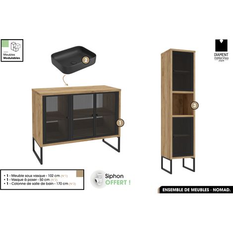 Ensemble complet de salle de bain - Meuble - Colonne - Vasque avec Siphon OFFERT NOMAD OAK 102 x 80 x 43 cm (1/5)