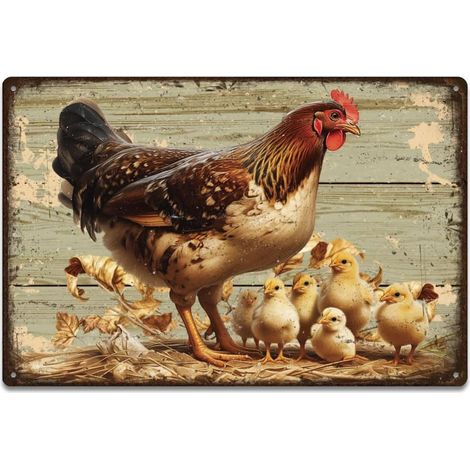 Plaque Metal Vintage Poules et Poussins en Plaque Metal Decorative Rustique Art Mural pour Ferme Poulailler Salon Antérieur Décoration Rétro 30x20cm (1/5)