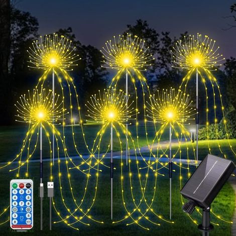 6 Pack 720 LED extérieur sol solaire inséré lumière chaude feux d'artifice avec télécommande, Lumières décoratives étanches solaires et USB alimentées par cour, 8 modes DIY Path Light. (1/5)