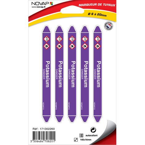 Planche de 5 marqueurs de tuyauterie 145 x 14 mm pour Ø 6 à 20 mm - Potassium - 4708201