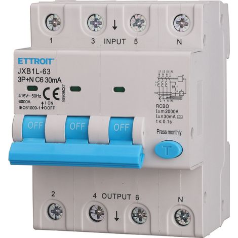 ETTROIT Interruttore Magnetotermico-Differenziale 3P+N 6A 30mA 380V-6KA CLASSE A - JX260664