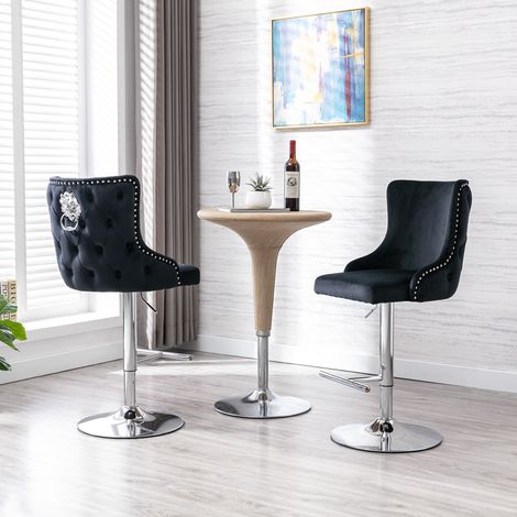 Wahson Velvet Bar Stools Set of 2 – Modern Height Adjustable Swivel Counter Chairs with Lion Knocker Design, for Home Bar & Kitchen, Black