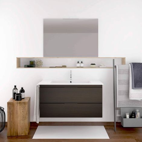 CONJUNTO MUEBLE DE BAÑO SUSPENDIDO MIZAR CON LAVABO, ESPEJO Y TOALLERO ROBLE SINATRA 60X35 FONDO REDUCIDO (1/4)