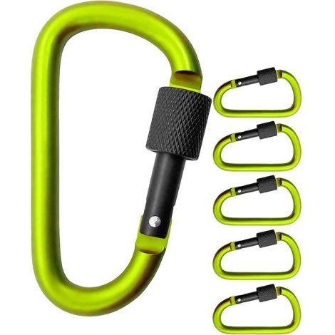 Lot de 5 grands mousquetons à vis pour fixation d'équipement, aluminium, 8 cm, vert clair, noir, lot de 5.