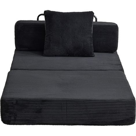 Canapé-lit convertible en velours côtelé noir avec dossier coussiné et accoudoir, canapé de sol pliable pour salon ou chambre (1/5)