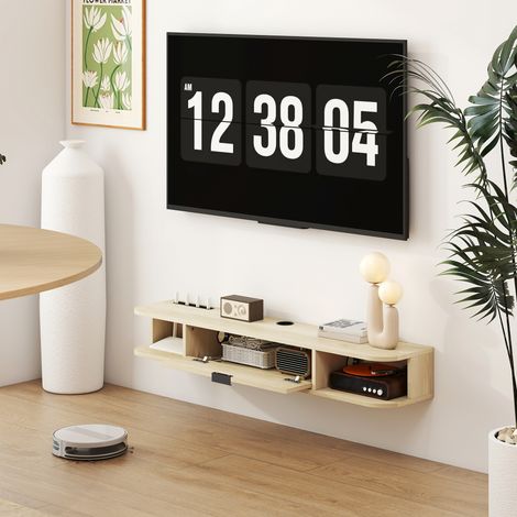 Meuble TV mural 120x24x16cm, support téléviseur 50 pouces, buffet suspendu bois naturel, rangement avec tiroir rabattable et 2 tablettes, meuble téléviseur compact. (1/5)