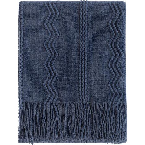 Couverture en laine tricotée en losanges, couverture de canapé solide et douce, couverture décorative en tricot, bleu marine, 127 x 172 cm (1/5)