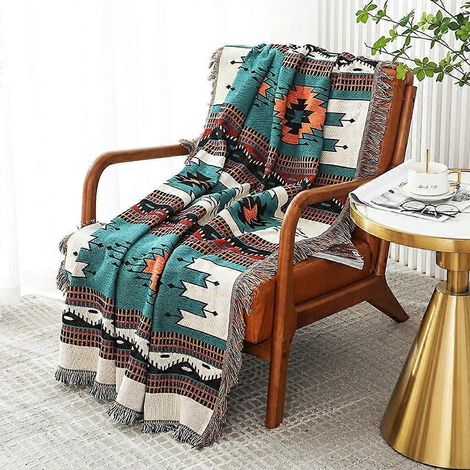 (S) Plaid bohème réversible style ethnique aztèque pour canapé, idéal pour la maison, le bureau, les voyages et le camping. (1/5)